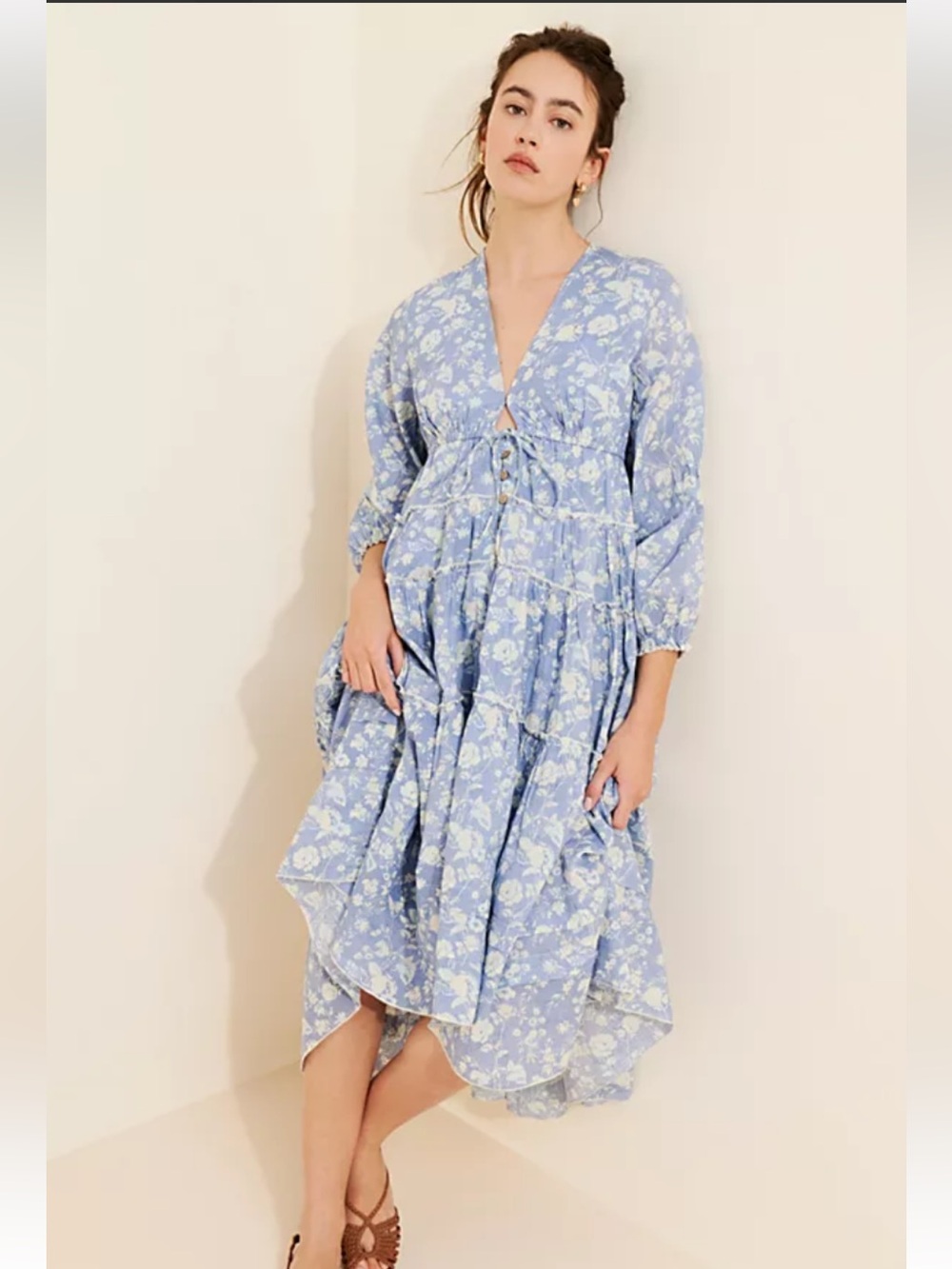 Free People Powder Blue Floral Button-Front Pappiet Midi Dress - Picture 3 of 14